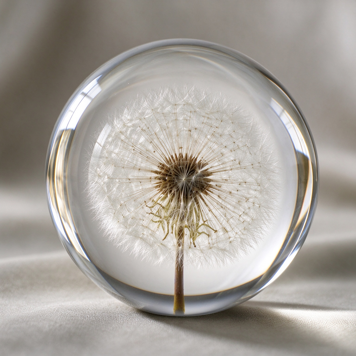 A clear glass paperweight sphere containing a preserved dandelion, photographed on a soft beige fabric background.