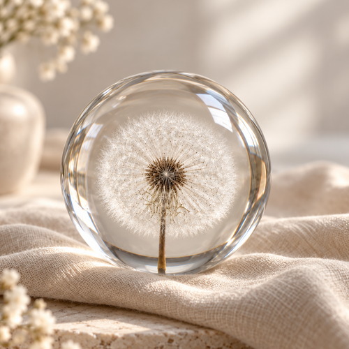 Dandelion resin paperweight in home decor setting
